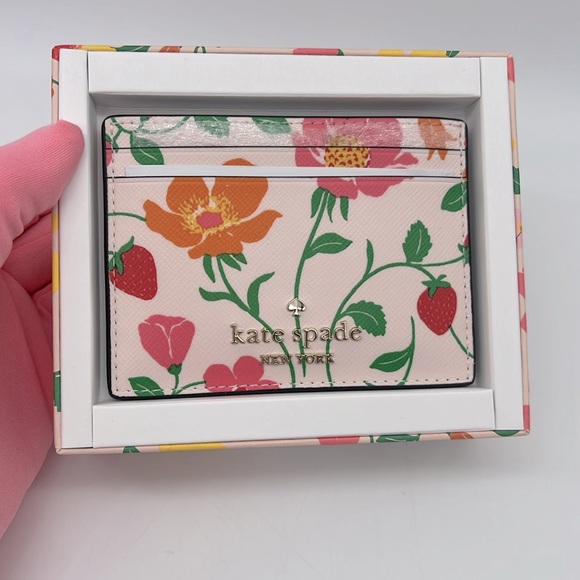 Kate Spade Boxed Madison Strawberry Garden Small Slim Card Holder Pink Multi - Picture 2 of 15